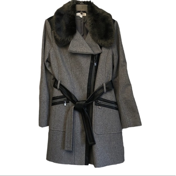 VIA SPIGA ASYMMETRICAL WOOL BREND FAUX FUR GRAY COAT SIZE 12